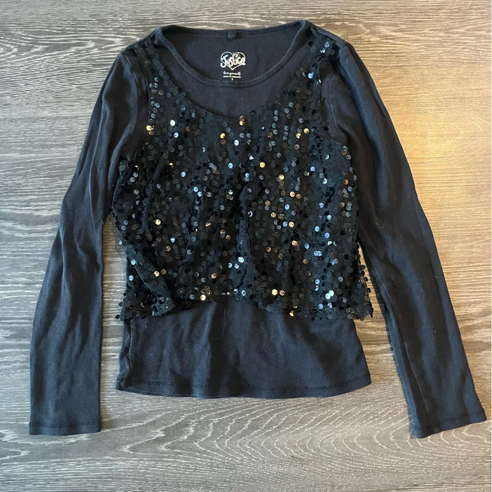 Justice | Sequin Overlay Long Sleeve Tee | Black | 7
